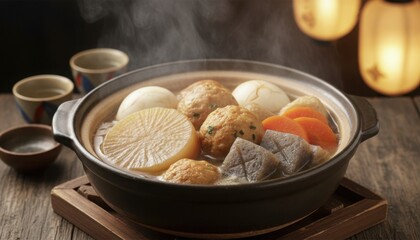 steaming bowl of oden dish from japan representing warm comfort food enjoyed during cold season