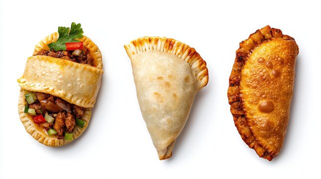 Three delicious empanadas with varying fillings and crusts are displayed on a clean white background, showcasing a delightful array of savory pastries so yummy.