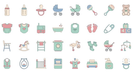 Comprehensive collection of baby and newborn related icons in a soft pastel color palette, perfect for baby shower invitations or parenting graphics