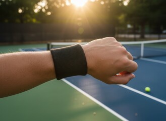 Tennis player arm with black wristband at sunset court shows outdoor workout routine, evening match preparation and modern fitness wellness lifestyle trend