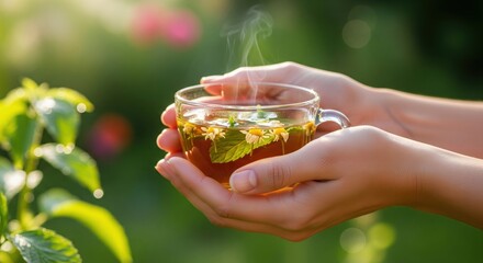 Hands holding glass cup with herbal tea containing chamomile flowers and mint leaves outdoors. Herbal drink and relaxation