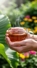 Close-up of hands gently holding a clear glass mug of steaming hot herbal tea

