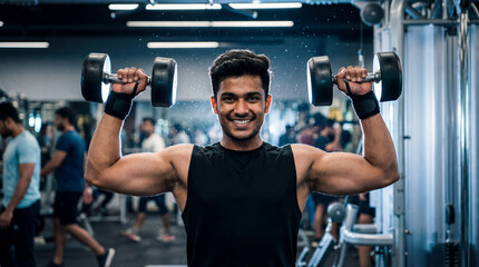 Man smiling while lifting dumbbells in a gym with other people and exercise equipment in the background