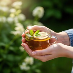 Fresh Herbal Tea with Lemon in Sunlit Garden