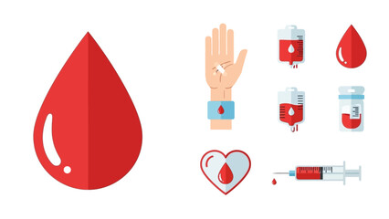 Comprehensive collection of blood donation and healthcare vector icons. Illustrating medical concepts such as transfusions, testing, and clinic symbols, essential for health-related designs