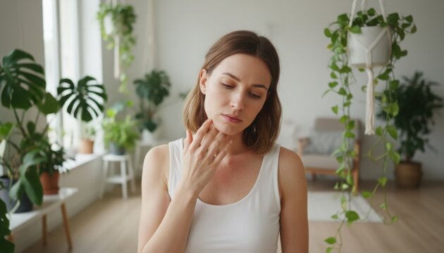 Young woman touching itchy neck in plant filled home suggesting indoor allergy