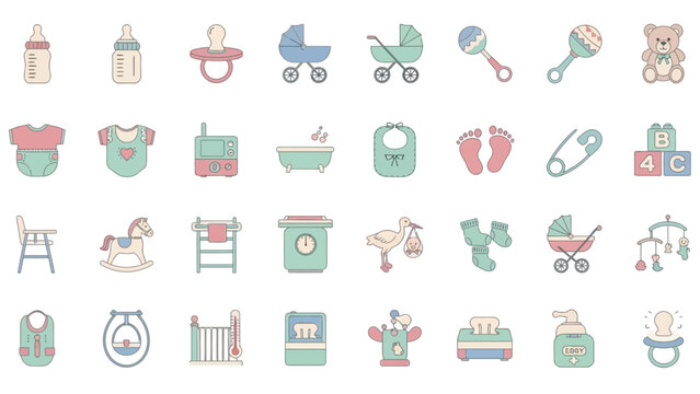 Comprehensive collection of baby and newborn related icons in a soft pastel color palette, perfect for baby shower invitations or parenting graphics