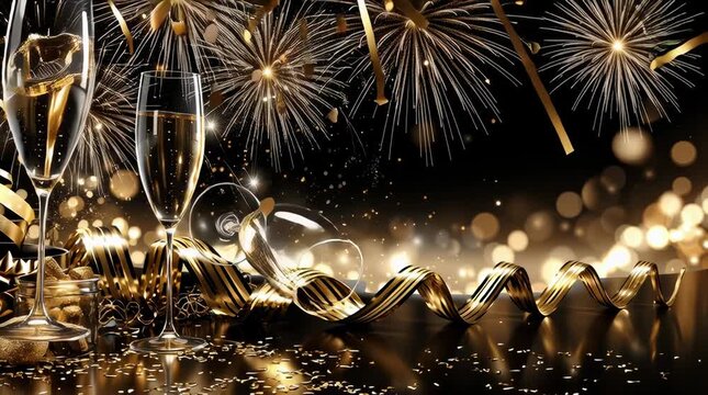 Elegant New Year&rsquo;s Eve party celebration scene, glamorous festive background with golden confetti, sparkling fireworks in the night sky, glowing champagne sparkles, shiny metallic ribbons, and abstrac