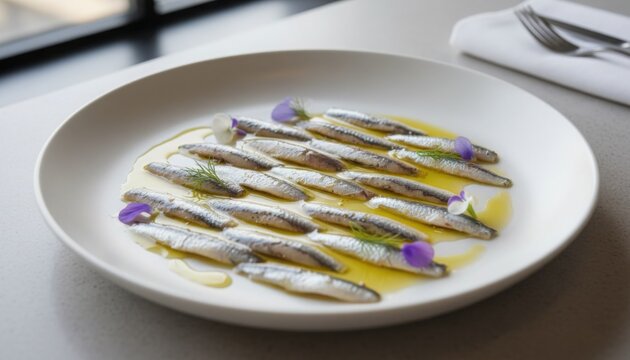 plate of marinated anchovy known as boqueron from spain served in modern restaurant