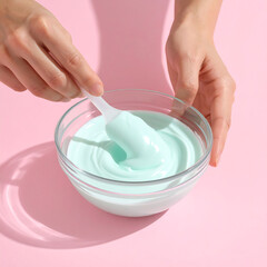 Woman's hands carefully stirring a smooth, pastel turquoise cosmetic clay mask in a clear bowl for a home spa skincare routine on a pink surface