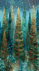 Enchanting Christmas trees glittering in the snow during winter holiday season