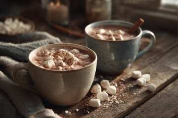 Hot chocolate with melted marshmallows and cinnamon served in rustic mugs on a wooden table, creating a cozy winter atmosphere perfect for holiday food themes, warm lifestyle content and seasonal