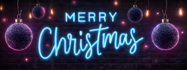 Casino Christmas and New Year sport banner. Merry Christmas tech greeting card with xmas ball as a bauble on purple neon background. Vector illustration