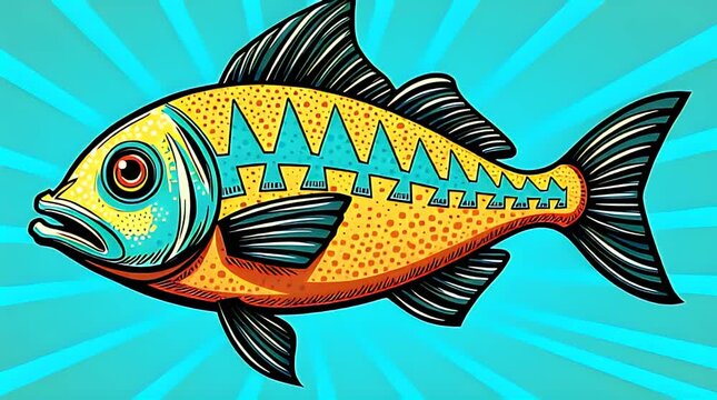 A stylized sea fish with bold outlines, geometric shapes, vibrant colors, and textured patterns inspired by comic-book pop art.