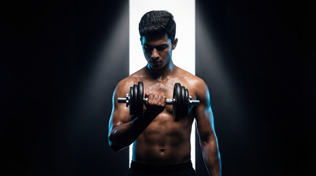 A muscular man lifts a dumbbell in a dark room with a light behind him during a workout session