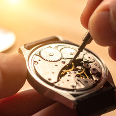 Close-Up of a Watchmaker Repairing a Wristwatch with Precision Tools in a Workshop