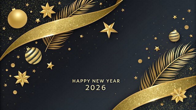 Happy new year 2026 luxurious greeting card design featuring golden glitter ribbon, stars, and ornaments on a navy backdrop.