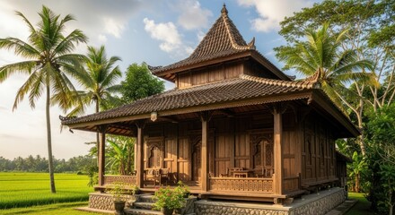 Traditional Balinese Wooden House with Intricate Carvings, Terracotta Roof, and Stone Foundation, Overlooking Lush Green Rice Fields and Tropical Palm Trees in a Serene Southeast Asian Landscape.