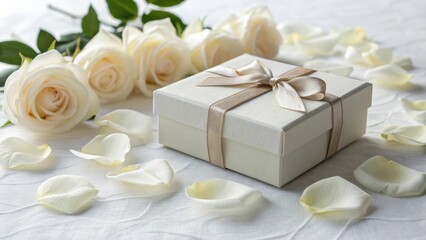 Elegant Gift Box Surrounded by White Roses and Petals on a Soft Textured Background