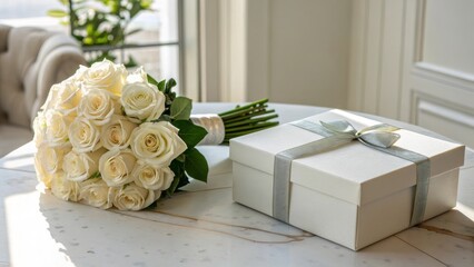 Elegant White Rose Bouquet and Gift Box on a Marble Table in Bright Natural Light