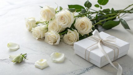 Elegant White Roses and Gift Box on Marble Surface for Special Occasions and Celebrations