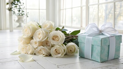 Elegant white roses with gift box on wooden floor against bright window background