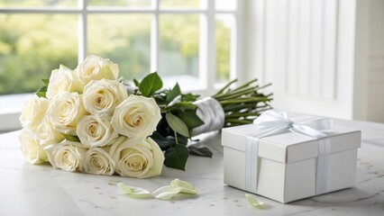 Elegant White Roses and Gift Box on a Table by Bright Window in a Cozy Setting