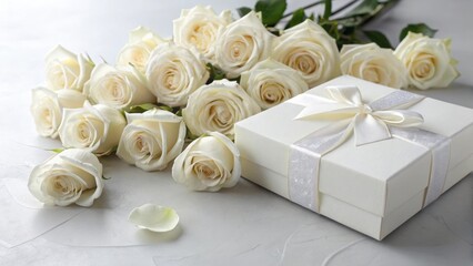 Elegant White Roses and Gift Box Arrangement for Romantic Occasion or Celebration