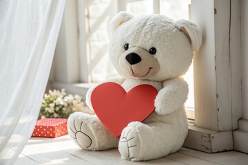 Soft Teddy Bear Sitting with Heart on Wooden Floor in Bright Indoor Setting