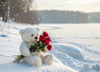Cute Teddy Bear Holding Red Roses in Snowy Winter Landscape with Soft Snowfall
