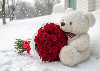Cozy Teddy Bear Embracing Bouquet of Red Roses in Snowy Winter Wonderland Scene