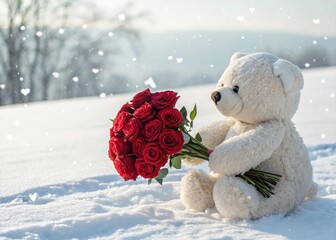 Cute Teddy Bear Holding Bouquet of Red Roses in Winter Snowy Landscape