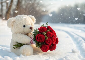 Adorable Teddy Bear Holding a Bouquet of Red Roses in Snowy Winter Wonderland Scene