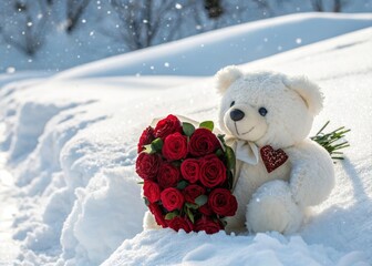 Cute teddy bear with red roses in fresh snow during winter season, capturing romantic vibes