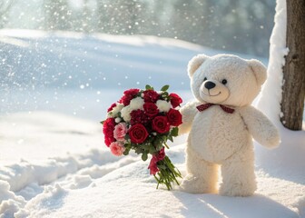 Adorable Teddy Bear Holding Colorful Flower Bouquet in Winter Wonderland Scene