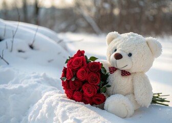 Adorable teddy bear holding a bouquet of red roses in a snowy winter landscape setting
