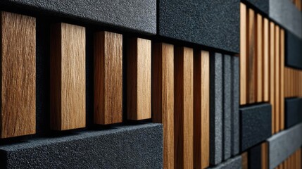 Acoustic wood panel wall with black cloth concept. Modern wood and black panel wall design for contemporary interiors.