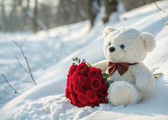 Cute teddy bear with red rose bouquet in snow-covered garden on winter afternoon