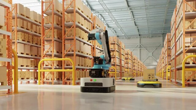 A modern automated warehouse featuring robotic arms, autonomous mobile robots, tall shelves, and organized cardboard boxes. The industrial environment highlights advanced logistics technology- 3D rend