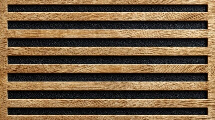 Fototapeta premium Acoustic wood panel wall with black cloth concept. Elegant wooden slatted texture against a dark background.