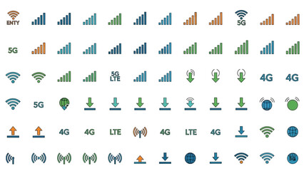 Fototapeta premium Set of colorful network signal and connectivity icons, including 5G, 4G, LTE, and WiFi symbols