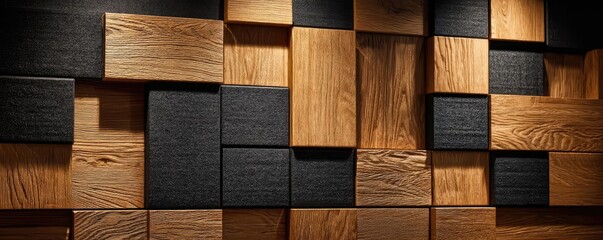 Acoustic wood panel wall with black cloth concept. Stylish wooden wall design with contrasting dark and light panels.