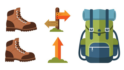 Naklejka premium Hiking boots, directional signs, and a backpack, symbolizing outdoor adventure and exploration