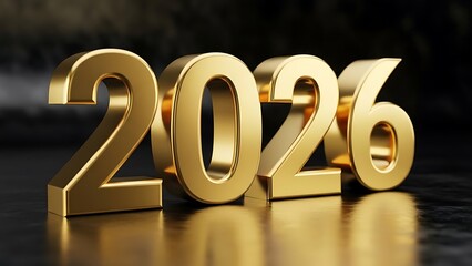 Shiny gold 3d numbers representing the year 2026 on a reflective surface