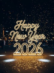 Bright illuminated text happy new year 2026 with sparkling lights and bokeh background
