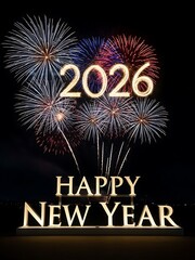 Bright fireworks display illuminates the year 2026 with a happy new year message