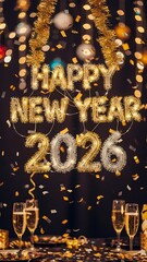 Sparkling happy new year 2026 celebration with champagne glasses and falling confetti