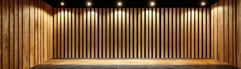 Acoustic wood panel wall with black cloth concept. Modern wooden interior with striped wall and ambient lighting.
