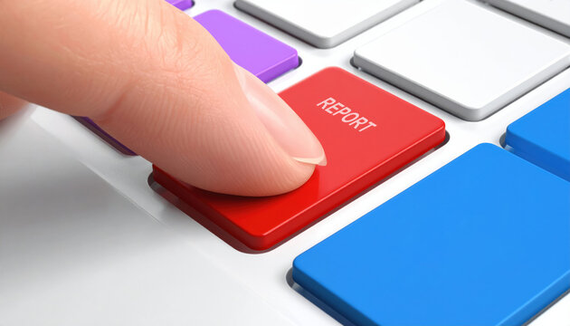 Urgent finger presses red report button for online content moderation. serious action using ai to flag inappropriate content and stop internet abuse for safety