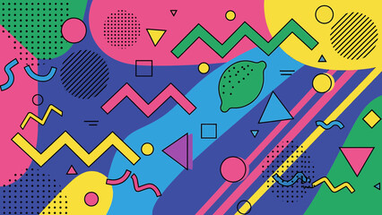 Dynamic abstract pattern with colorful retro-inspired geometric shapes, wavy lines, and a lemon, creating a lively and playful design background